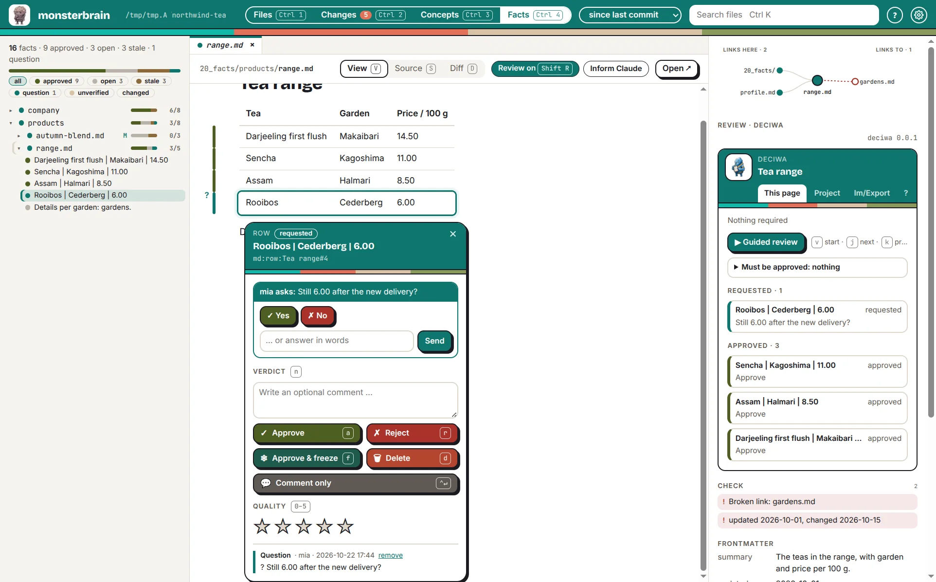monsterbrain's facts view with a fact selected and the deciwa card open
